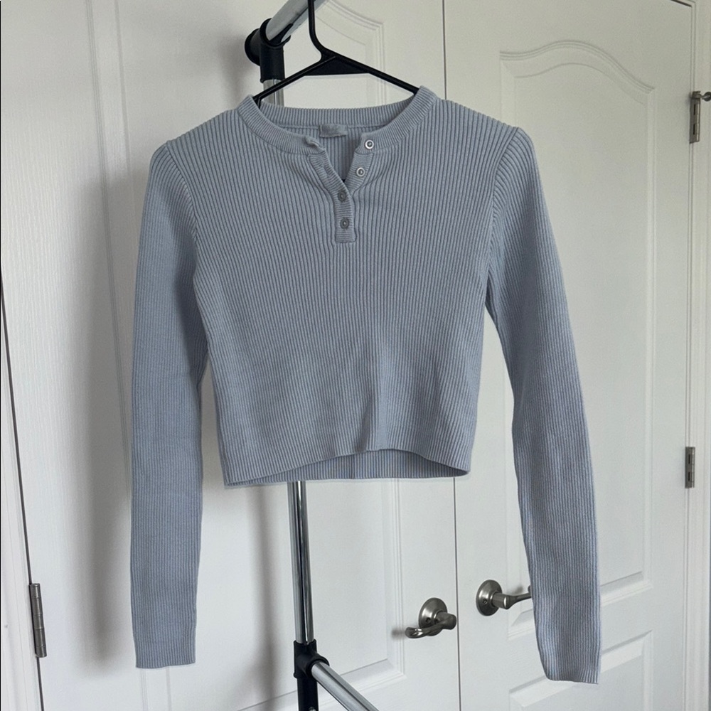Brandy Melville Ribbed Henley Top - Light Blue